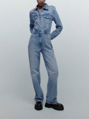 Zara Denim Utility Jumpsuit NWT Button Front Size S Blue Cotton One Piece